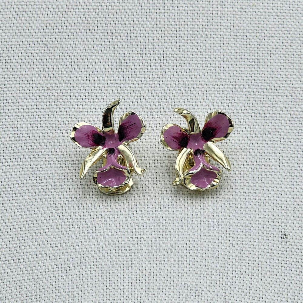 Vintage Orchid Purple Flower Clip On Earrings
